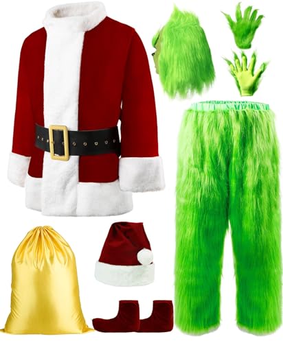 Fmarche Grinch Kostüm Erwachsene Deluxe Grün Großes Monster Kostüm Weihnachtsmann Party Verkleidungen Halloween Karneval Weihnachten Cosplay Christmas Green Big Monster Grinch (2XL) von Fmarche