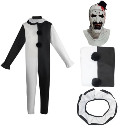 Fmarche Halloween Kostüm Killer Terrifier Damen Herren mit Maske Kostüm Schwarz Weiß Clown Overall Outfits Kostüm Karneval Maskerade Party Kleidung (2XL) von Fmarche