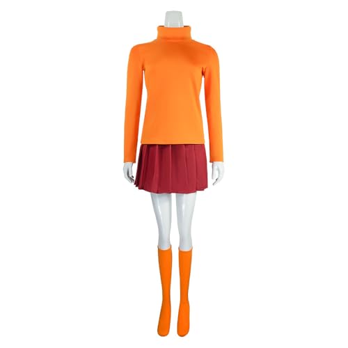 Fmarche Halloween Velma Kostüm Damen Erwachsene Trikot Rollkragen Orange mit Mni Rock Cartoon Halloween Karneval Cosplay Kostüm (110 cm) von Fmarche