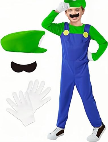 Fmarche Super Kostüm Bruder Klempner Mario Kostüme Halloween Cosplay Kostüm Unisex Jungen Mädchen Erwachsene Kinder Kostüm (Grün, L) von Fmarche