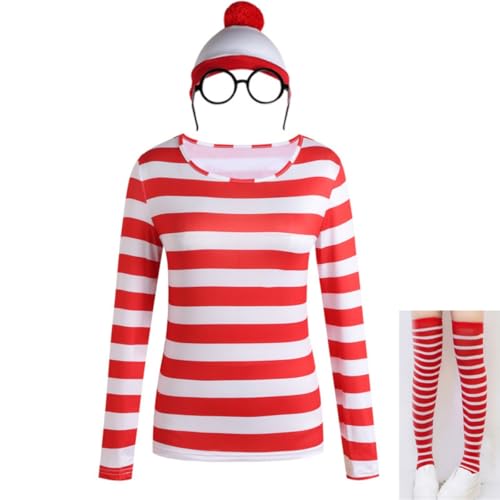 T-Shirt mit Streifen, Rot und Weiß, Brille, Beanie, Strickmütze, Hut, Kostüm, Outfit, Set Halloween, Cosplay, Partyzubehör für Männer und Frauen Erwachsene (Damen, 2XL) von Fmarche