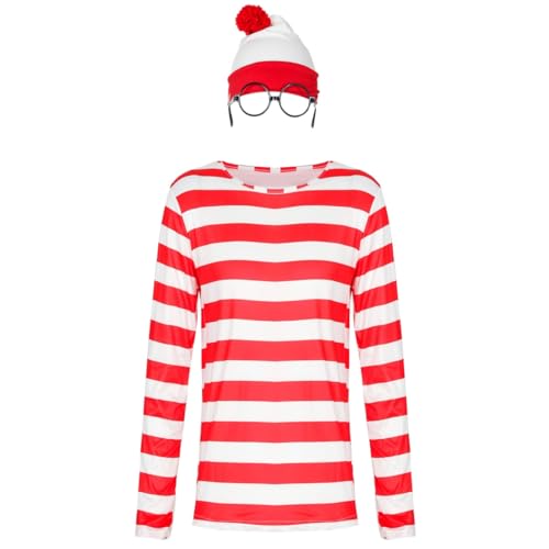 T-Shirt mit Streifen, Rot und Weiß, Brille, Beanie, Strickmütze, Hut, Kostüm, Outfit, Set Halloween, Cosplay, Partyzubehör für Männer und Frauen Erwachsene (Herren, 2XL) von Fmarche