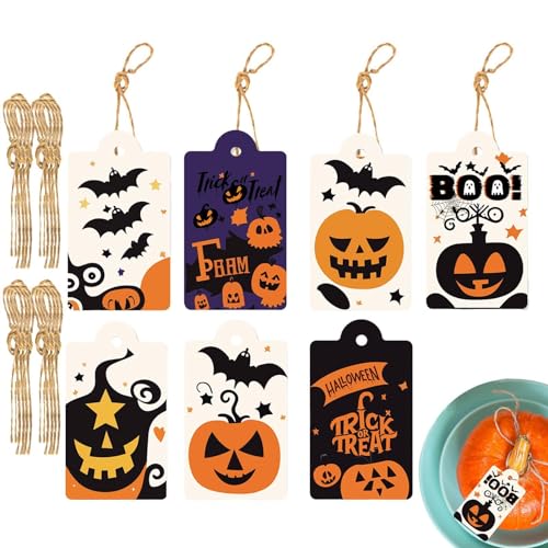 FmtwPhn Halloween-Themen-Tags, -Tags | 80 Stück gruselige Geschenkanhänger mit Schnur | -Fledermaus-Anhänger, 8 Stile, Halloween-Papieranhänger für Halloween-Party-Geschenk-Süßigkeitstüten von FmtwPhn