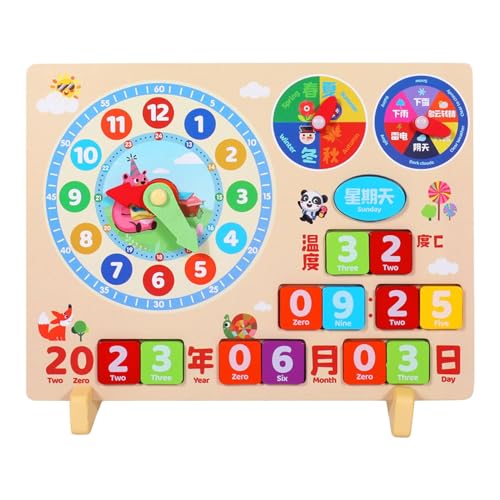 FmtwPhn Lernuhr für Kleinkinder,Lernuhr aus Holz für Kinder - Holzkalender-Wettertafel - Frühes Lernen Lernspielzeug Pädagogische Kalenderuhr Lernspielzeug Holzkalenderuhr für Kinder Kinder von FmtwPhn