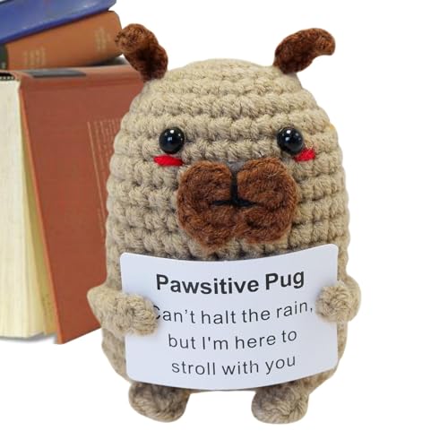 FmtwPhn Positiver Häkelhund,Lustiger positiver Häkelhund - Ermutigungs-Welpenpuppe,Positive Mops gestrickt Hunde Positive Tier Positive Energiepugel Netter Holding -Unterstützungskarte für von FmtwPhn