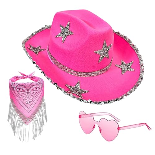 FmtwPhn Strass Cowboyhut,Disco Cowboyhut | 3X Glitzer Cowboyhut Strass Stern,Halloween-Partykostüm, Cosplay-Zubehör-Set für Damen und Herren von FmtwPhn