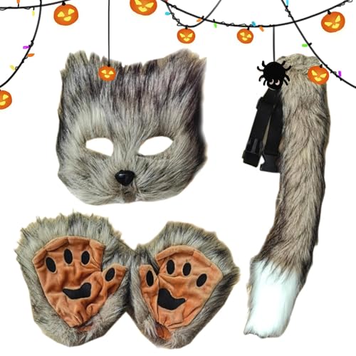 FmtwPhn Wolfsmaske, Katzengesichtsbedeckung - Faux Wolf Furry Kostüm Maskenset - Faux Wolf Halbgesichtsbedeckung, pelziges Pfoten- und Schwanzset, pelziges Kostümset für Halloween-Geburtstagsfeiertage von FmtwPhn