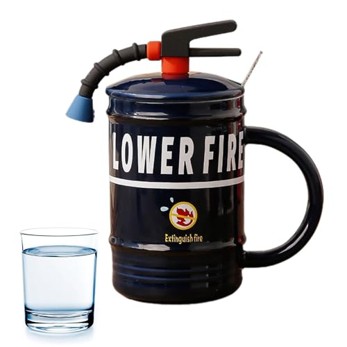 Feuerlöscher-Kaffeetasse – 480 ml Tasse in Feuerwehrmann-Form, stilvolle, lustige Kaffeetasse | Keramik-Teetasse mit lustigem Löffel und Deckel, Feuerwehr-Kaffeetasse für Kinder, (Orange, Blau, Rot) von Fmzrbnih