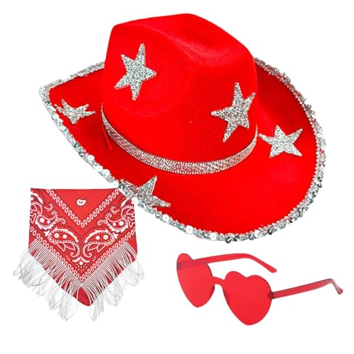 Fmzrbnih Glitzernde Cowgirl-Mütze, Strass-Cowgirl-Mütze | 3X klassischer Glitzer-Cowboyhut mit Sonnenbrille - Halloween-Partykostüm, glitzerndes, lustiges Cosplay-Zubehör-Set für Rollenspielpartys von Fmzrbnih