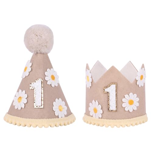 Fnaobai 2 Stück Gänseblümchen Baby 1. Geburtstag Hut Erster Geburtstag Krone Hut Kuchen Smash Party Hut Foto Requisiten Kegel Hut für Mädchen Jungen (Beige) von Fnaobai