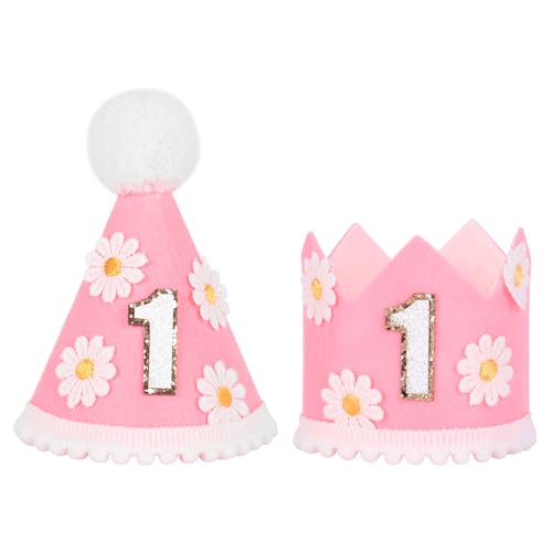 Fnaobai 2 Stück Gänseblümchen Baby 1. Geburtstag Hut Erster Geburtstag Krone Hut Kuchen Smash Party Hut Foto Requisiten Kegel Hut für Mädchen Jungen (Rosa) von Fnaobai