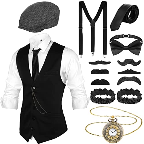 1920er Jahre Gatsby Kostüm Accessoires Set 1920er Jahre Herren Kostüm Gangster Kostüm Accessoires Weste Newsboy Hut Taschenuhr Krawatte, mehrfarbig, Large von Foaincore