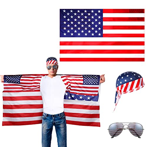 Amerikanische Flagge Kostüm Set Amerikanische Flagge Umhang mit Ärmeln Klassische Flagge Schnelltrocknend Piratenhüte Amerikanische Flagge Spiegel Neuheit Dekorative Sonnenbrille Zubehör für 4. Juli von Foaincore