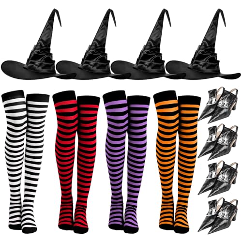 Foaincore 4 Stück Halloween große gerüschte Hüte Hexenhüte und 4 Paar gestreifte Socken 4 Paar schwarze Hexenschuhüberzieher Damen Oberschenkelhohe Strümpfe für Erwachsene Frauen Halloween Cosplay von Foaincore