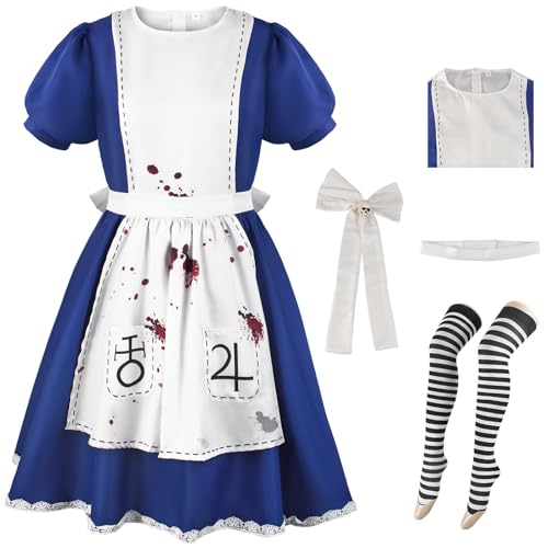 Foanja Alice Cosplay Kostüm Damen Verkleidung Game Alice Madness Returns Outfits Kleid und Gürtel Schleife Socken 4 Stück Anzug für Fancy Dress up Halloween Karneval Geburtstag Party Maskerade Costume von Foanja