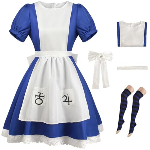 Foanja Alice Cosplay Kostüm Damen Verkleidung Game Alice Madness Returns Outfits Kleid und Gürtel Schleife Socken Anzug für Fancy Dress up Halloween Karneval Geburtstag Party Maskerade Costume von Foanja