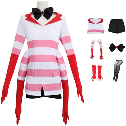 Foanja Angel Kostüm Damen Verkleidung Hazbin Hotel Angel Dust Deluxe Komplett Outfits mit Handschuhe und Socken für Dress up Halloween Karneval Geburtstag Party Maskerade Fancy Costume von Foanja