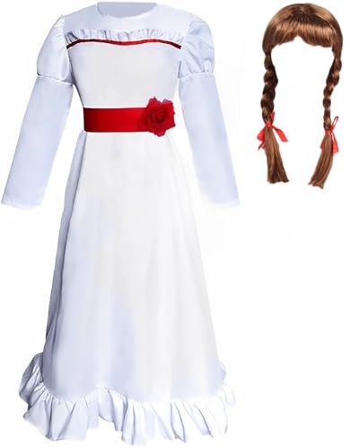 Foanja Annabelle Kostüm Damen Verkleidung Horror Filme Geister Puppen Annabelle Outfit Kleid mit Gürtel für Dress up Halloween Karneval Geburtstag Party Maskerade Fancy Costume von Foanja