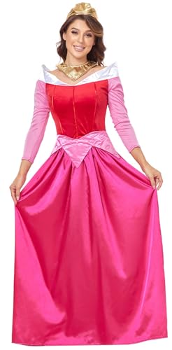 Foanja Aurora Kostüm Damen Cosplay Dornröschen Prinzessin Aurora Lang Abendkleid mit Krone Halskette Anzug für Dress up Halloween Karneval Geburtstag Party Verkleidung Sleeping Beauty Fancy Costume von Foanja