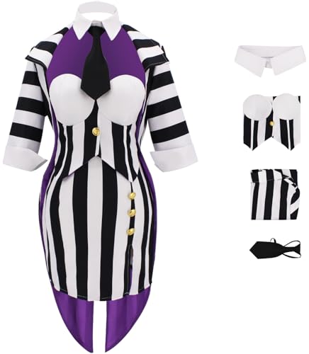 Foanja Beetlejuice Cosplay Kostüm Damen Verkleidung Beetle Juice Gothic Streifen Smoking Outfit für Dress up Halloween Karneval Geburtstag Party Maskerade Fancy Costume von Foanja