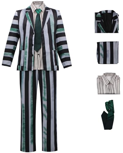 Foanja Beetlejuice Kostüm Herren Verkleidung Beetle Juice Gothic Smoking Streifen Jacke und Hemd Hose mit Krawatte Anzug für Dress up Halloween Karneval Geburtstag Party Maskerade Fancy Costume von Foanja