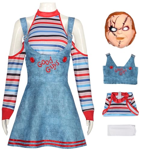 Foanja Chucky Kostüm Damen Gruselige Puppen Chucky Anzug Tops Röcke und Socken mit Masken für Halloween Karneval Geburtstag Party Maskerade Fancy Verkleidung Costume von Foanja