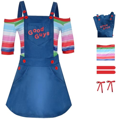 Foanja Chucky Kostüm Damen Verkleidung Gruselige Puppen Chucky Anzug Tops und Trägerhose mit Kopfteil Socken für Halloween Karneval Geburtstag Party Maskerade Fancy Costume von Foanja