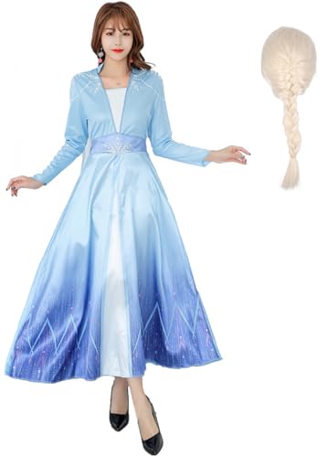 Foanja Damen ELSA Eiskönigin 2 Kostüm Langärmeliges Pailletten ELSA Kleid mit Umhang Weihnachten Karneval Halloween Party Fest ELSA Kostüm Verkleidung, Blau von Foanja