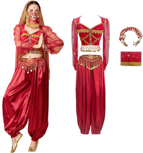 Foanja Damen Jasmin Cosplay Kostüm Fasching Verkleidung Aladdin Prinzessin Jasmine Exotik Bauchtanz Lange Ärmel Outfit mit Zubehör für Fancy Dress Up Halloween Karneval Geburtstage Party Costume, Rot von Foanja