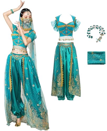 Foanja Damen Jasmin Kostüm Fasching Cosplay Aladdin Lampe Prinzessin Jasmine Exotik Bauchtanz Outfit mit Zubehör für Fancy Dress Up Halloween Karneval Geburtstage Party Verkleidung, Pfauenblau von Foanja