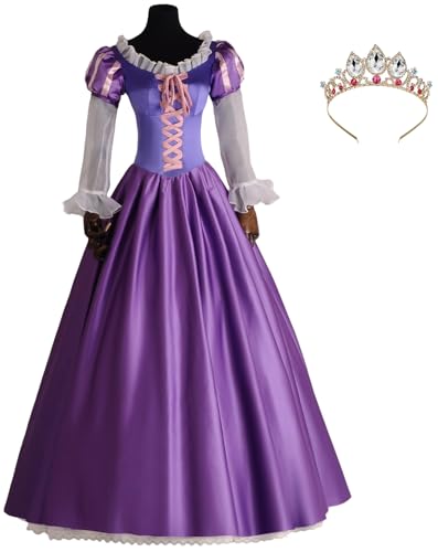 Foanja Damen Rapunzel Kostüm mit Krone Maxi Vintage Elegante Rapunzel Fasching Schnürballkleid Cosplay Weihnachten Karneval Halloween Geburtstag Prinzessin Partykleid DramaKostüm, Lila von Foanja