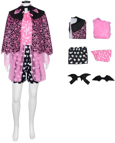 Foanja Draculaura Cosplay Kostüm Damen Fasching Verkleidung Monster High Vampir Draculaura Gothic Outfits mit Zubehör für Fancy Dress Up Halloween Karneval Geburtstag Party Maskerade Costume von Foanja