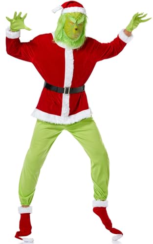 Foanja Grinch Cosplay Kostüm Erwachsene Fasching Verkleidung Grün Monster ChristmasGrinch Weihnachtsmann Outfit mit Maske für Fancy Dress Up Halloween Weihnachten Karneval Maskerade Party Costume von Foanja