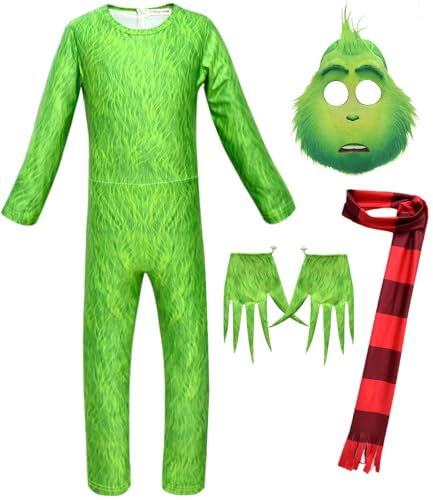 Foanja Grinch Cosplay Kostüm Erwachsene Verkleidung Grün Monster ChristmasGrinch Outfit Jumpsuit mit Maske Handschuhe Halstuch für Fancy Dress Up Halloween Weihnachten Karneval Maskerade Party Costume von Foanja