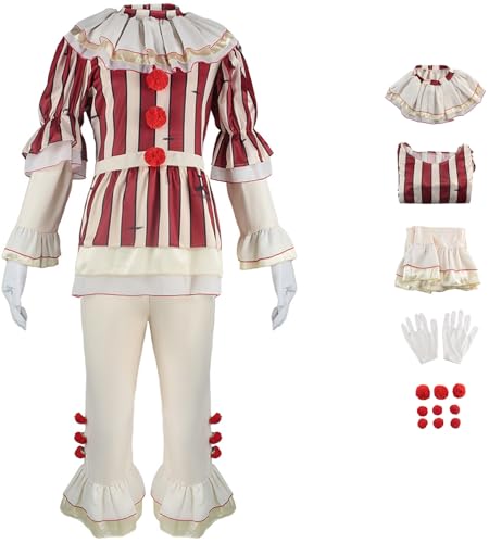 Foanja IT Clown Cosplay Kostüm Damen Fasching Verkleidung Nachtmörder Terror Scary Pennywise Clown Outfit Top und Hose Schal Handschuhe für Fancy Dress Up Halloween Karneval Party Maskerade Costume von Foanja