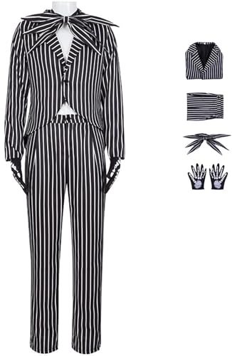 Foanja Jack Cosplay Kostüm Erwachsene Verkleidung Jack Skellington Outfit Gothic Vintage Gestreift Abendessen Smoking mit Handschuhe für Dress up Halloween Karneval Geburtstag Party Maskerade Costume von Foanja