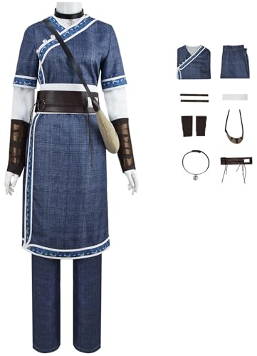 Foanja Katara Kostüm Damen Verkleidung Avatar Katara Kung Fu Komplett Deluxe Uniform mit Halskette und Tasche für Halloween Karneval Geburtstag Party Maskerade Fancy Costume von Foanja