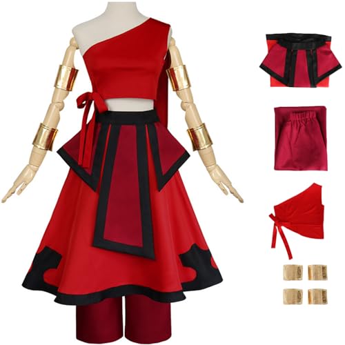 Foanja Katara Kostüm Damen Verkleidung Avatar Katara Kung Fu Uniformen Anzug Top und Rock Hose mit Accessoires für Halloween Karneval Geburtstag Party Maskerade Fancy Costume, Rot von Foanja