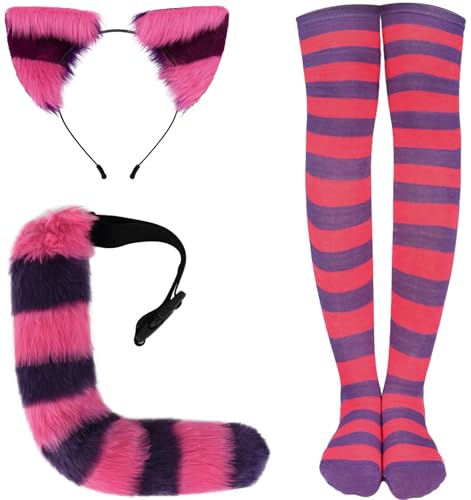 Foanja Katze Cosplay Zubehör Fasching Verkleidung Streifen Flauschiger Katzenohren Stirnband und Schwanz Kniehohe Socken 3 Stück Anzug Halloween Karneval Geburtstag Maskerade Party Kostüm Requisiten von Foanja