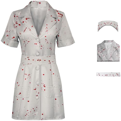 Foanja Krankenschwester Cosplay Kostüm Damen Verkleidung Horror Game Silent Hill Alchemilla Hospital Nurse Outfit Kleid mit Gürtel und Hut für Fancy Dress Up Halloween Karneval Party Maskerade Costume von Foanja