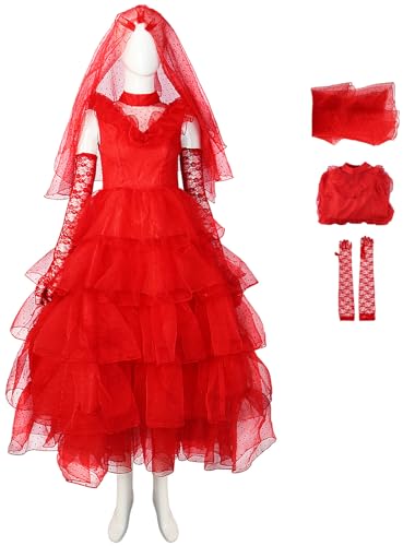 Foanja Lydia Cosplay Kostüm Damen Verkleidung Beetlejuice Lydia Deetz Kleid mit Kopfteil Handschuhe Gothic Vintage Vampir Zombie Braut Brautkleid Halloween Karneval Geburtstag Party Maskerade Costume von Foanja