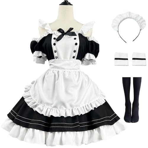 Foanja Maid Cosplay Kostüm Damen Verkleidung Anime Lolita Kawaii Maid Dress Café Kellner Schulternahes Dienstmädchen Kleid mit Zubehör 5PCS Fancy Dress Up Halloween Karneval Party Hausmädchen Kostüm von Foanja