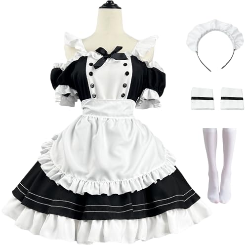 Foanja Maid Cosplay Kostüm Damen Verkleidung Anime Lolita Kawaii Maid Dress Café Kellner Schulternahes Dienstmädchen Kleid mit Zubehör 5PCS Fancy Dress Up Halloween Karneval Party Hausmädchen Kostüm von Foanja