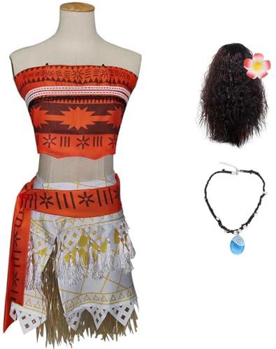 Foanja Moana Cosplay Kostüm Damen Verkleidung Abenteuer Prinzessin Vaiana Outfit mit Halskette und Perücke für Dress up Halloween Karneval Geburtstag Party Maskerade Fancy Costume von Foanja