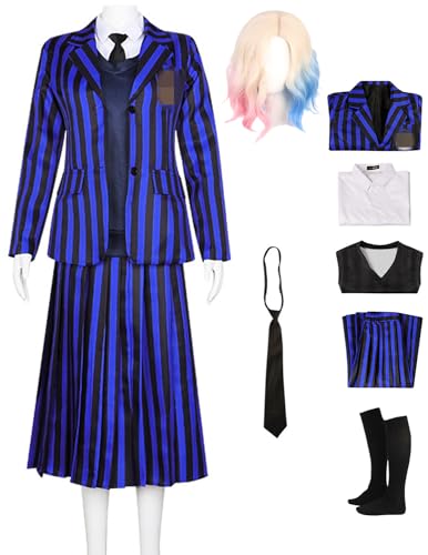 Foanja Nevermore Kostüm Damen Fasching Cosplay Enid Sinclair Academy Uniform Jacke Weste Hemd und Rock mit Krawatte Socken Anzug Halloween Karneval Geburtstag Party Maskerade Verkleidung, Streifen von Foanja