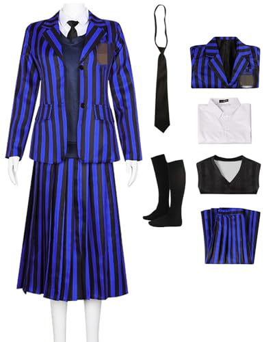 Foanja Nevermore Kostüm Damen Fasching Cosplay Enid Sinclair Academy Uniform Jacke Weste Hemd und Rock mit Krawatte Socken Anzug Halloween Karneval Geburtstag Party Maskerade Verkleidung, Streifen von Foanja