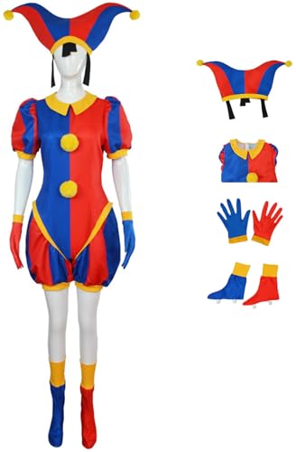 Foanja Pomni Cosplay Kostüm Damen Verkleidung Zirkus Pomni Clown Outfit Overall mit Mütze Handschuhe Schuhe 4 Stück Anzug für Fancy Dress Up Halloween Karneval Party Maskerade Costume von Foanja