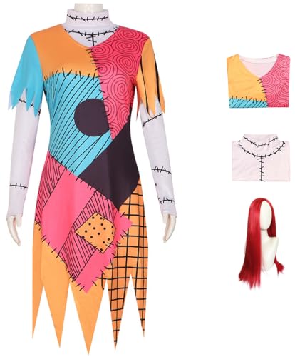 Foanja Sally Cosplay Kostüm Damen Verkleidung Christmas Nightmare Doll Sally Outfit Kleider und Auskleidung mit Perücken Anzug für Dress up Halloween Karneval Geburtstag Party Maskerade Fancy Costume von Foanja