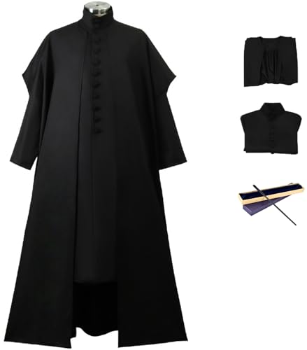 Foanja Snape Kostüm Herren Magische Akademie Zauberer Severus Snape Uniform Anzug Tunika und Futter mit Zauberstab für Halloween Karneval Geburtstag Party Maskerade Fancy Verkleidung Costume, Schwarz von Foanja