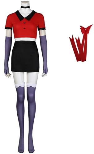 Foanja Vaggie Cosplay Kostüm Damen Verkleidung Hazbin Hotel Demon Vaggie Komplett Uniform mit Kopfbedeckung Anuzg für Fancy Dress up Halloween Karneval Geburtstag Party Maskerade Costume von Foanja